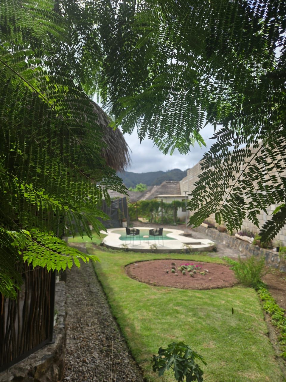 A pool area with a circular design, surrounded by a well-maintained lawn and a stone wall.