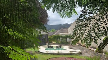 A pool area with a circular design, surrounded by a well-maintained lawn and a stone wall.
