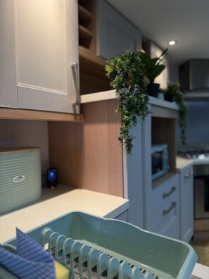 Cuina amb armaris blancs, microones i una planta penjant.