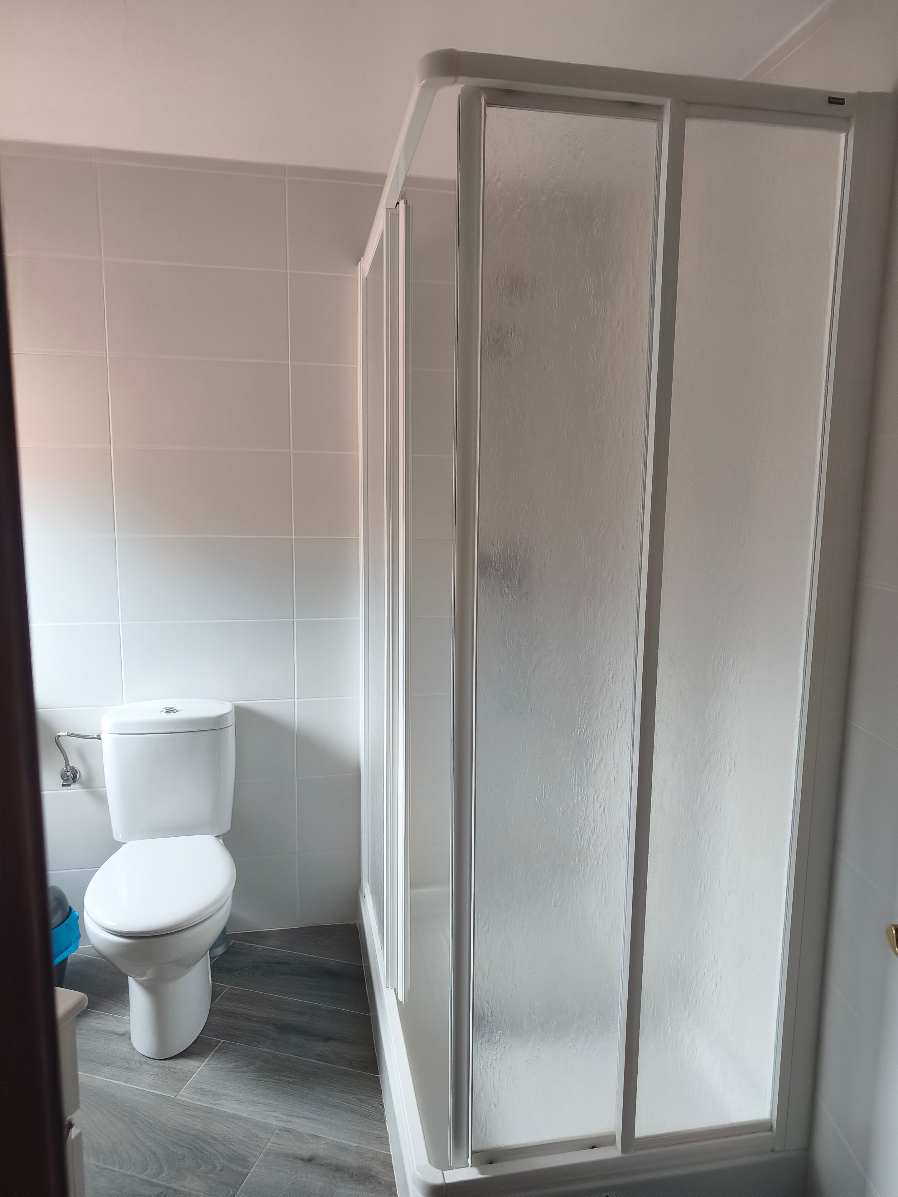 Un baño con inodoro blanco, cabina de ducha y paredes con azulejos.