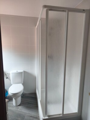 Un bagno con il water bianco, cabina doccia e pareti piastrellate.