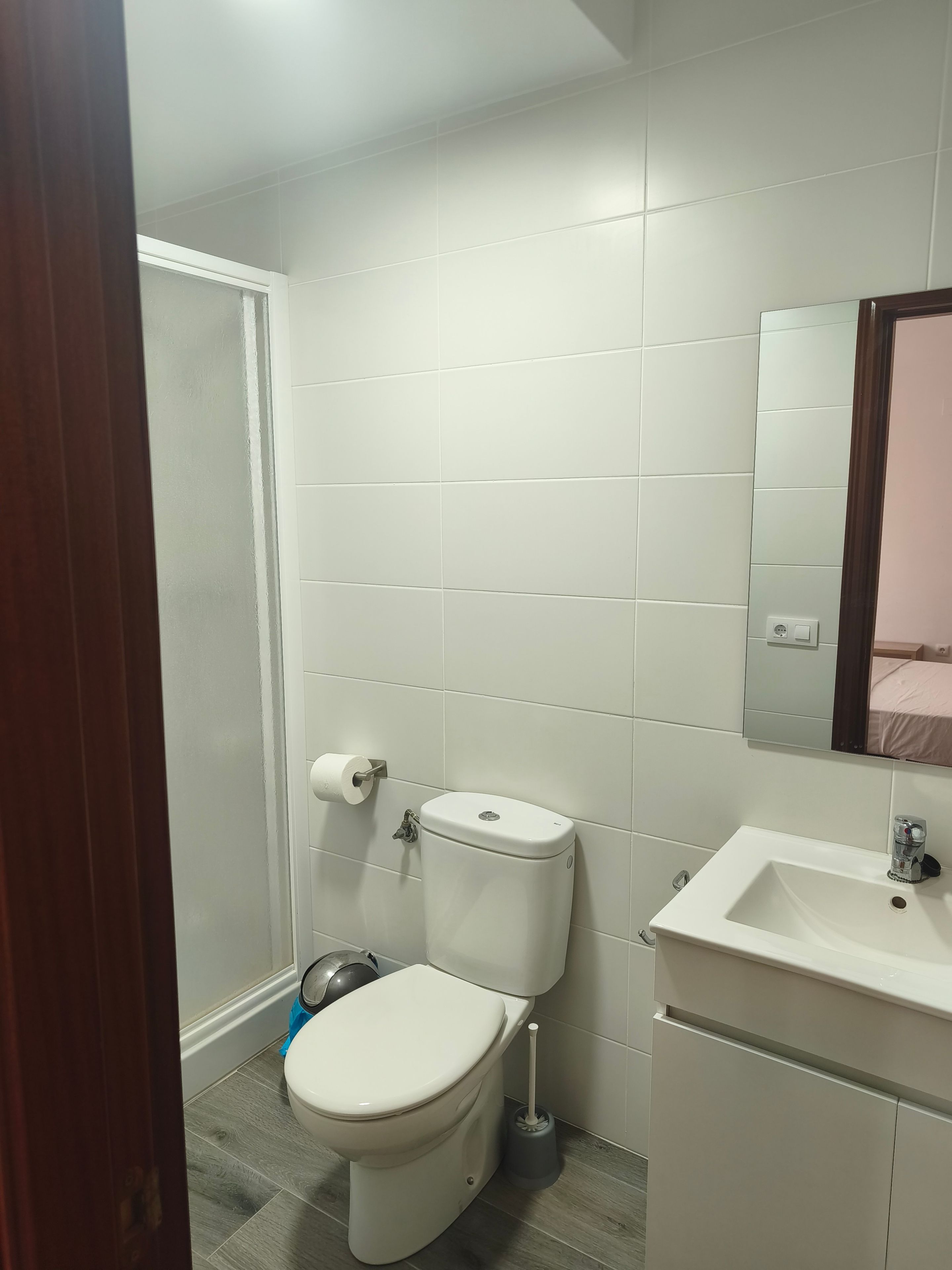 Un baño con inodoro, lavamanos y espejo.