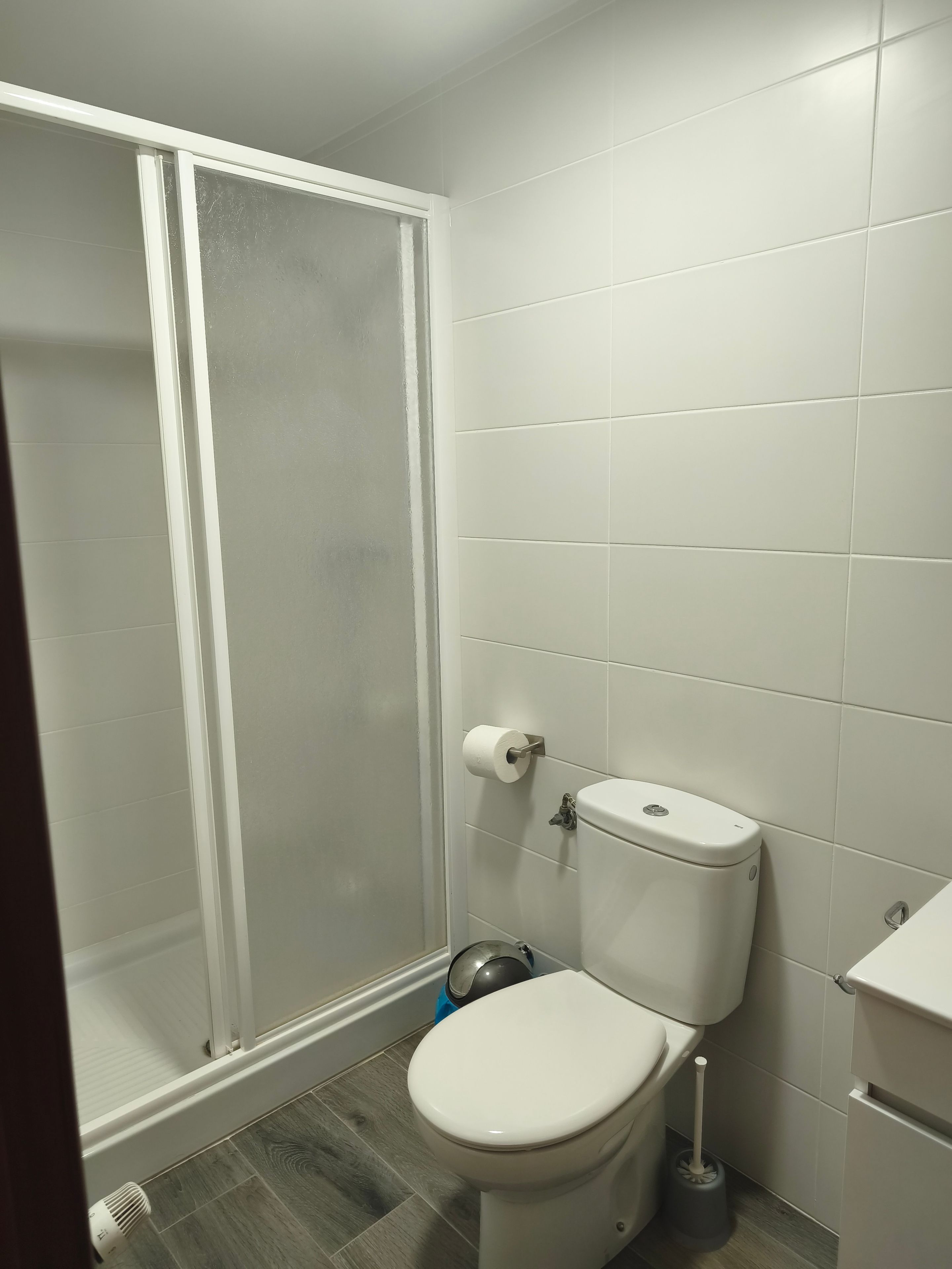 Un baño con inodoro, dispensador de papel higiénico, bidé y cabina de ducha.