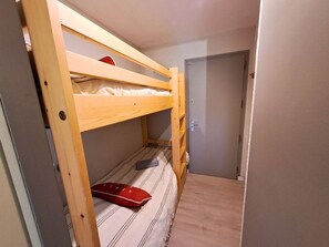 Un lit superposé avec une structure en bois, une porte et un petit espace de rangement.