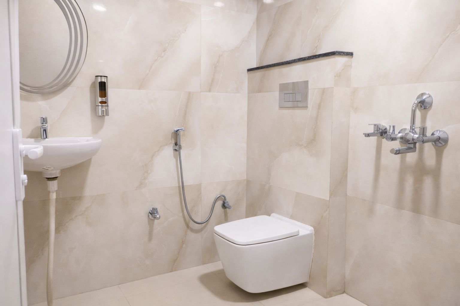 Un baño con inodoro, lavamanos y cabina de ducha.