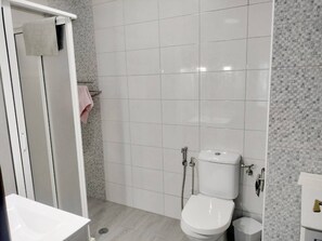 Ein modernes Badezimmer mit Toilette, Bidet und Duschbereich.