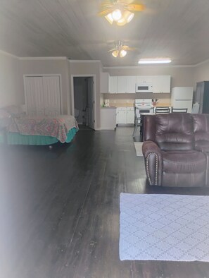 A living room with a dark wooden floor, a brown leather sofa, and a patterned rug. - Spacious studio apartment centrally located in Perry (Perry)