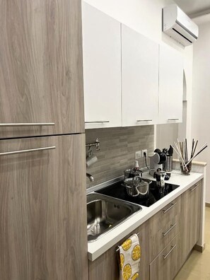 A modern kitchen with wooden cabinets, a stainless steel sink, and an air conditioning unit. - The Guest from Naples (Napoli)