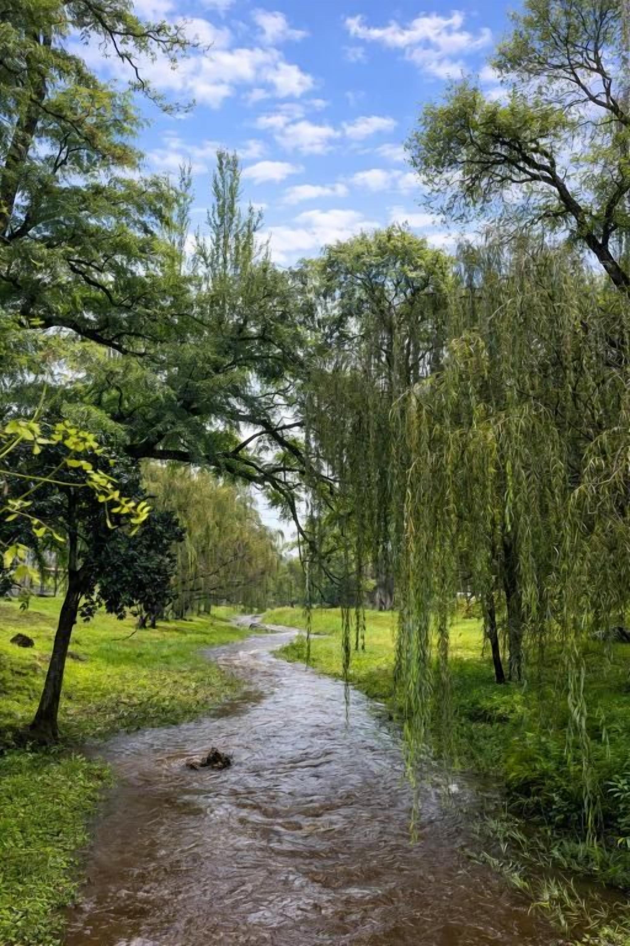 Un paisaje natural con un arroyo, árboles y cielo despejado.