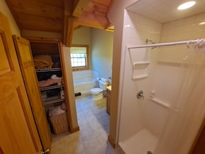 A bathroom with a shower, toilet, and bathtub. - A Relaxing, Rejuvenating, Rustic Retreat. (Saint Stephens Church)