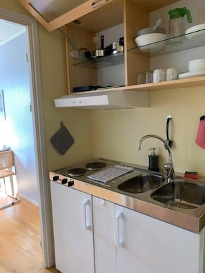 Cocina compacta con estufa integrada, un lavamanos y estantes superiores para almacenamiento.
