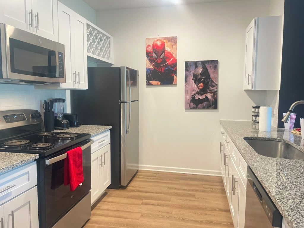 A kitchen with white cabinets, a black refrigerator, a microwave, a stove, and a sink. There are two wall-mounted paintings.