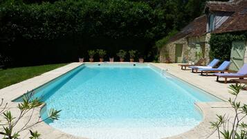 A rectangular swimming pool with a clear blue water surface, surrounded by a concrete deck. There are lounge chairs and potted plants along the poolside.