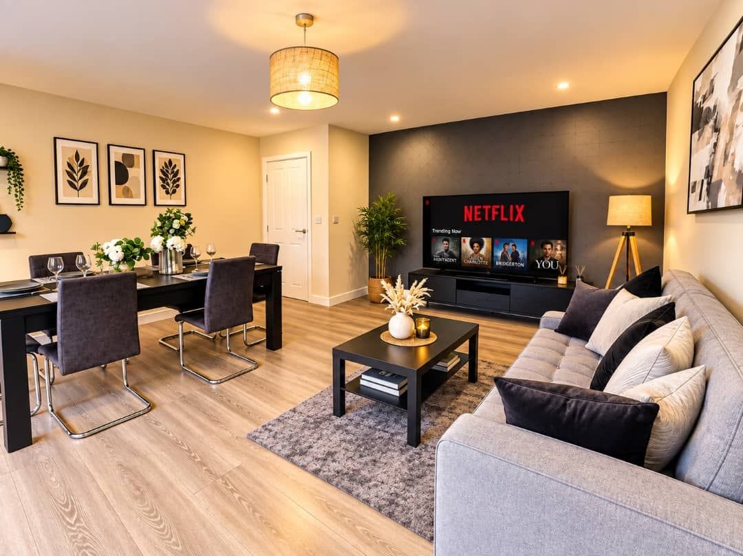 A modern living room with a sofa, coffee table, and TV displaying Netflix content.