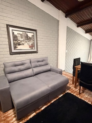 Ein graues Sofa mit einem schwarzen Teppich, ein gerahmtes Schwarzweißfoto an der Wand und ein Holztisch mit einem Stuhl.
