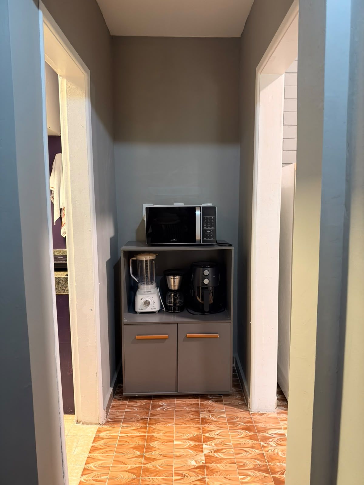 A narrow hallway with a microwave and coffee maker on a cabinet.