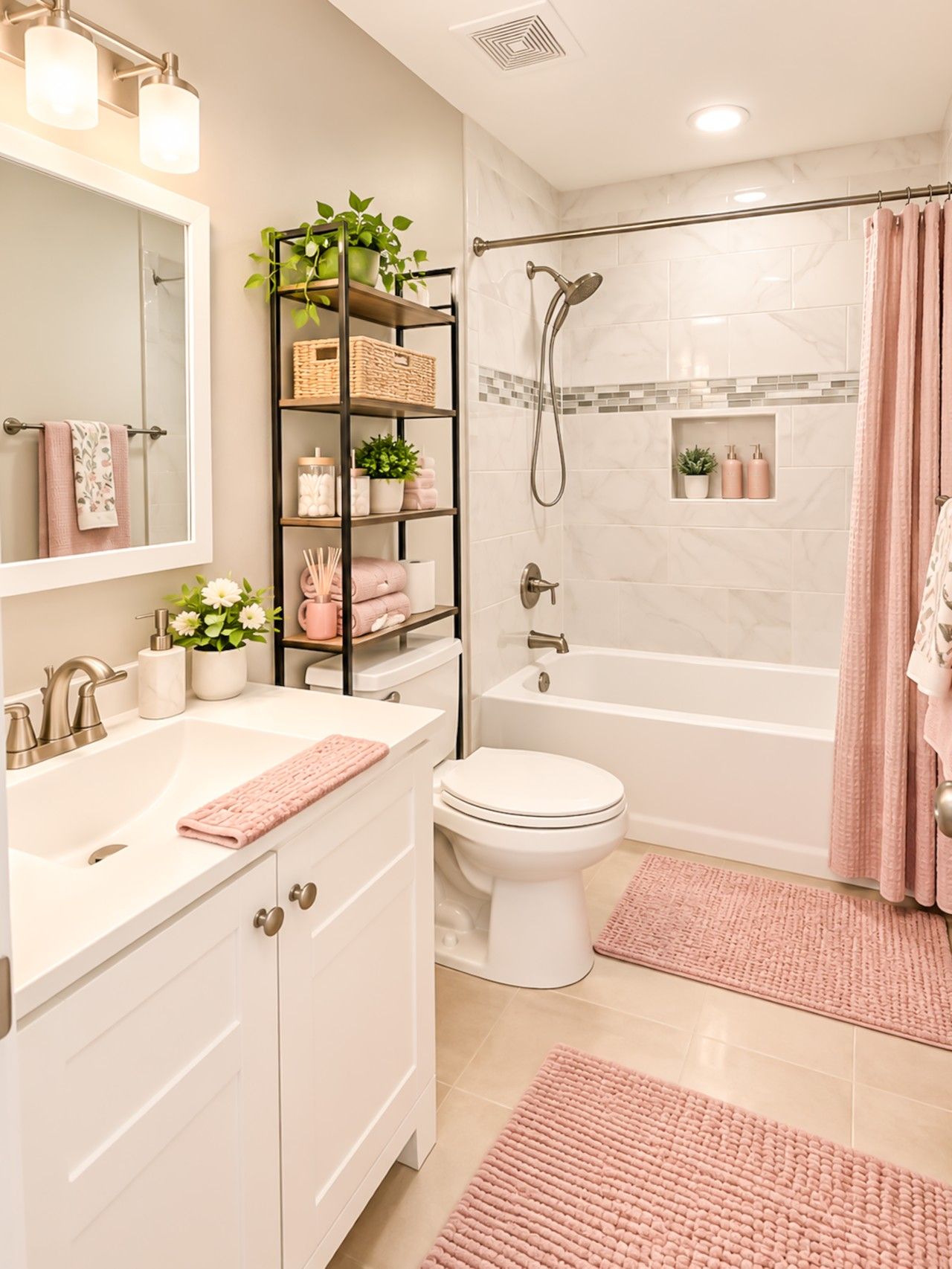 A bathroom with a white sink, a toilet, a shower with a glass door, and a vanity with a mirror and shelves.