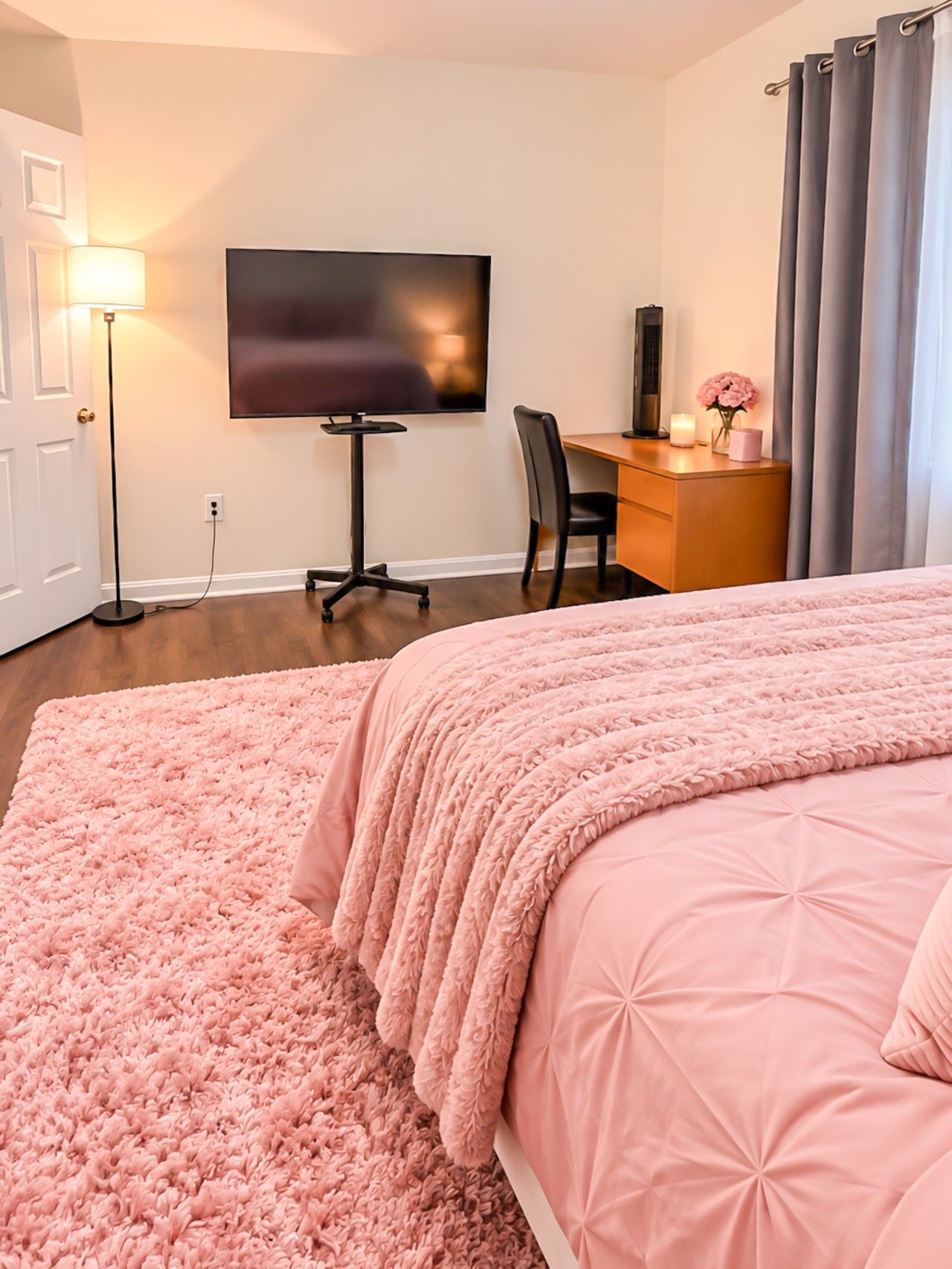 A bedroom with a large bed, a desk, a chair, a television, and a floor lamp.