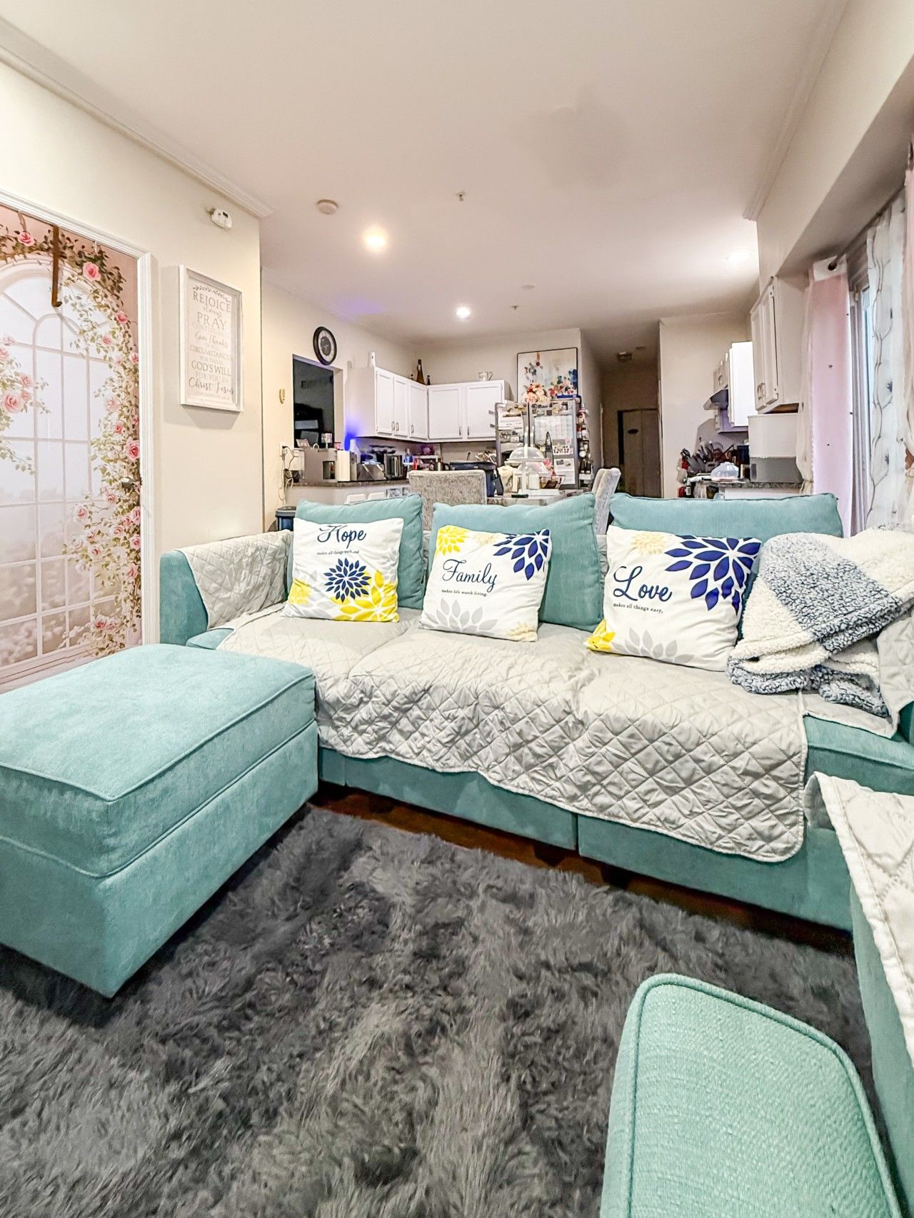A living room with a teal sofa, a grey furry rug, and decorative pillows with text.