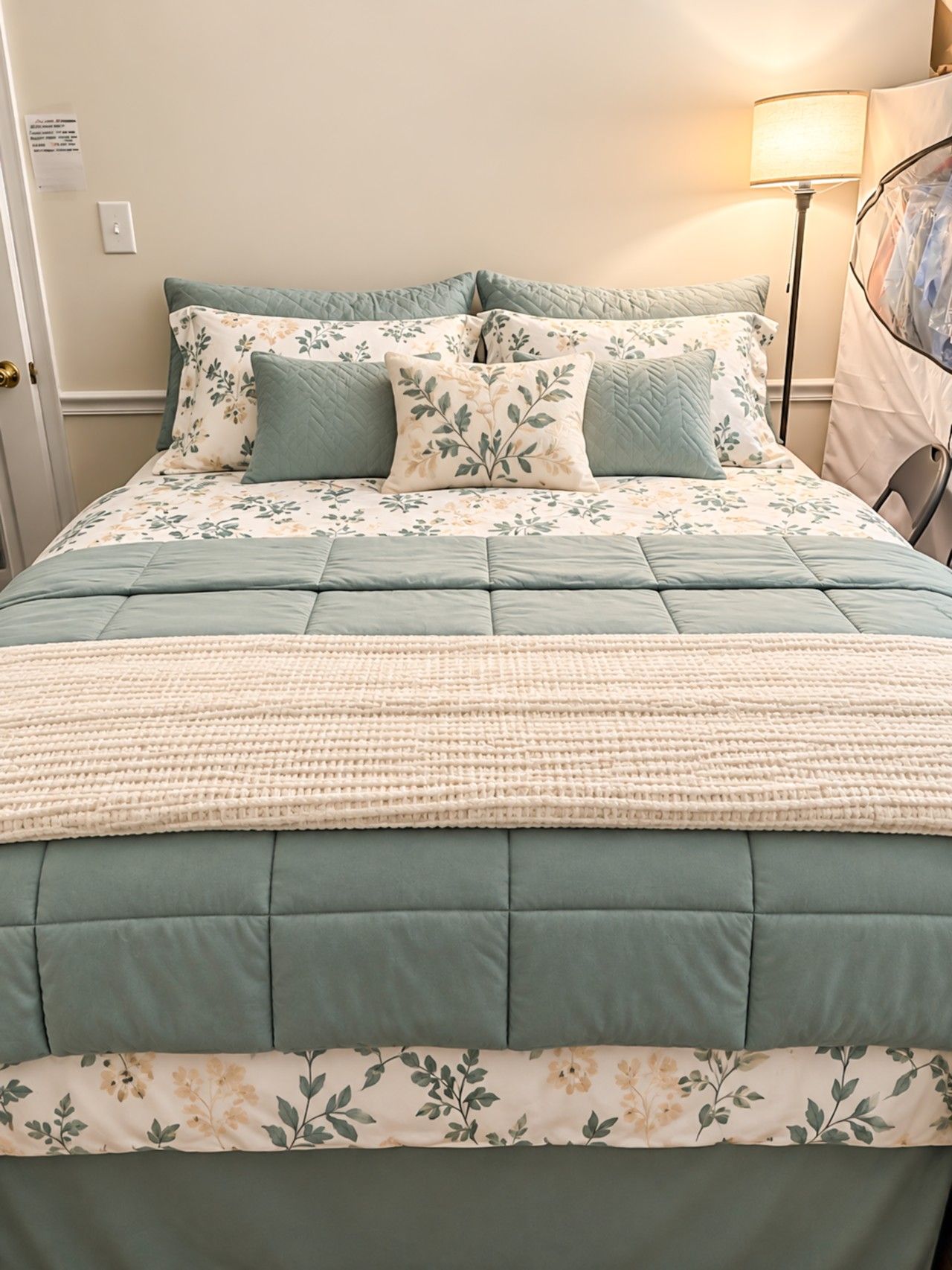 A bed with a floral patterned duvet and pillows, a knitted throw blanket, and a wall-mounted light fixture.