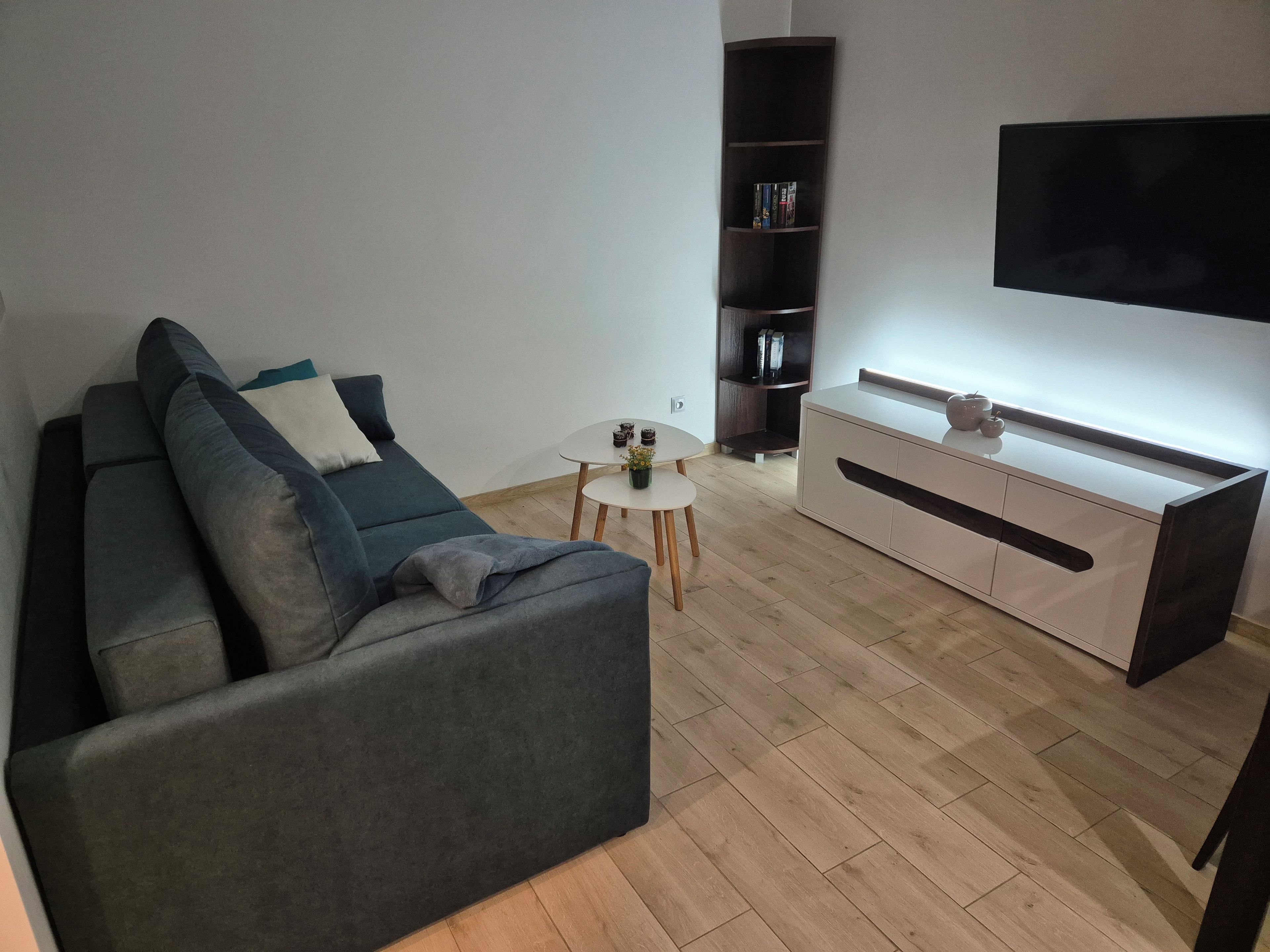 Una sala de estar moderna con un sofá gris, una mesita redonda, una estantería y un televisor fijado a la pared.