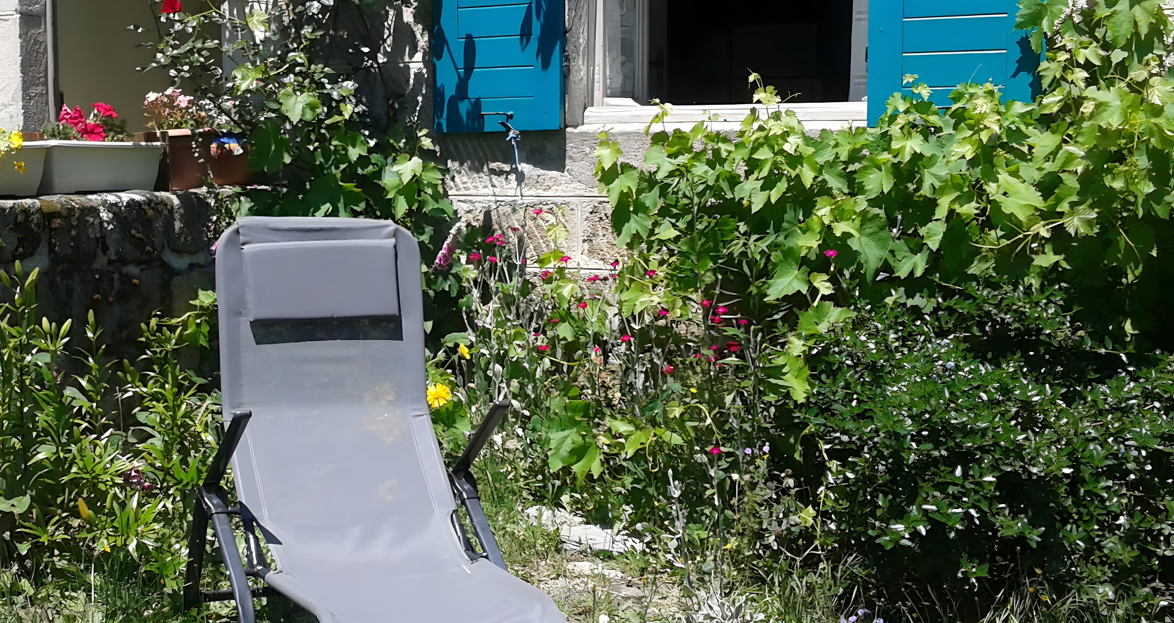 A garden with a chair, a blue door, and various plants.