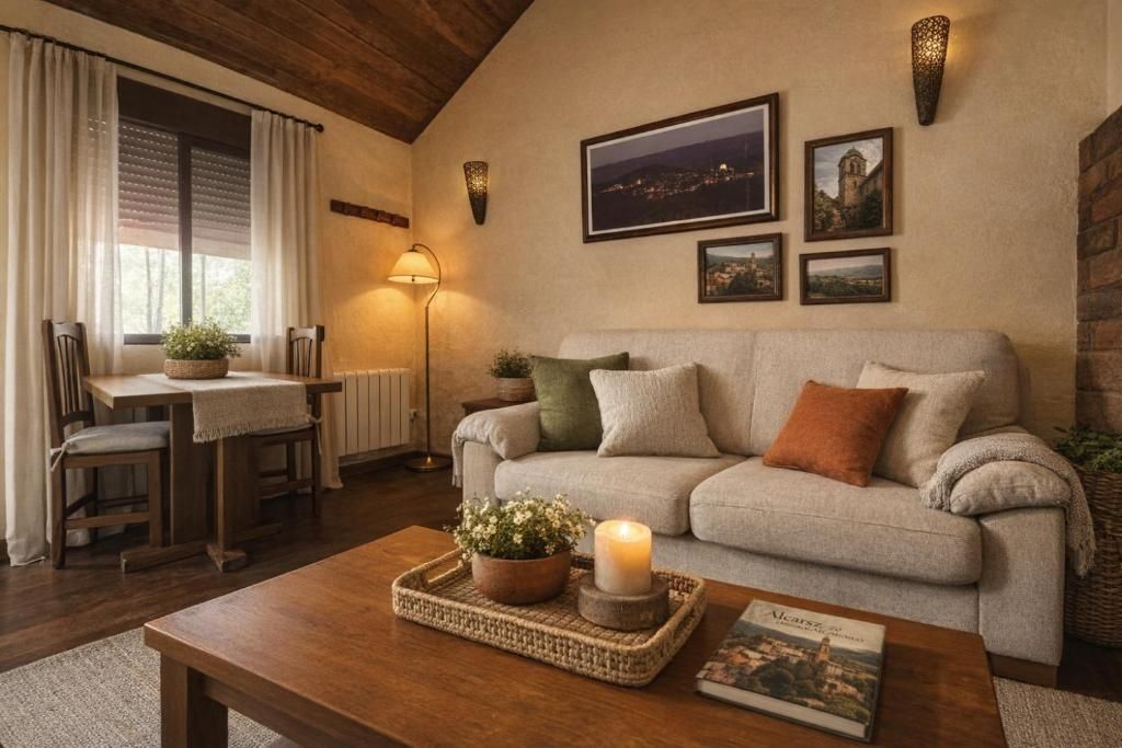 A cozy living room with a sofa, a coffee table, a lamp, and framed pictures on the wall.