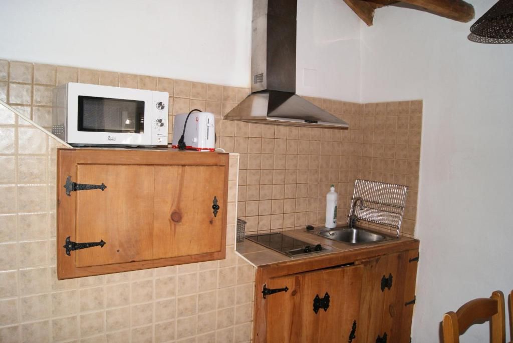 A kitchen with a microwave, toaster, sink, and wooden cabinets.
