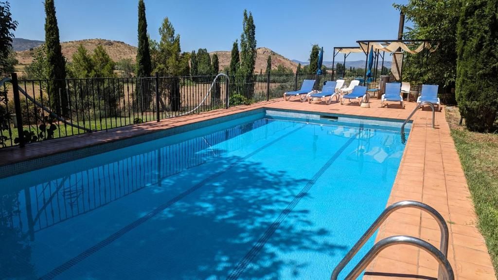 Una piscina rettangolare con una scala in metallo, circondata da una recinzione in metallo nero.