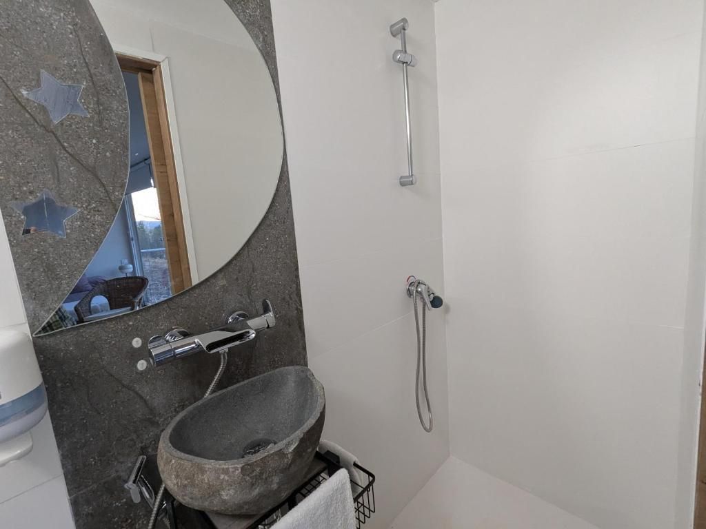 Un bagno con lavabo in pietra, uno specchio, una doccia e un portascopevoli.