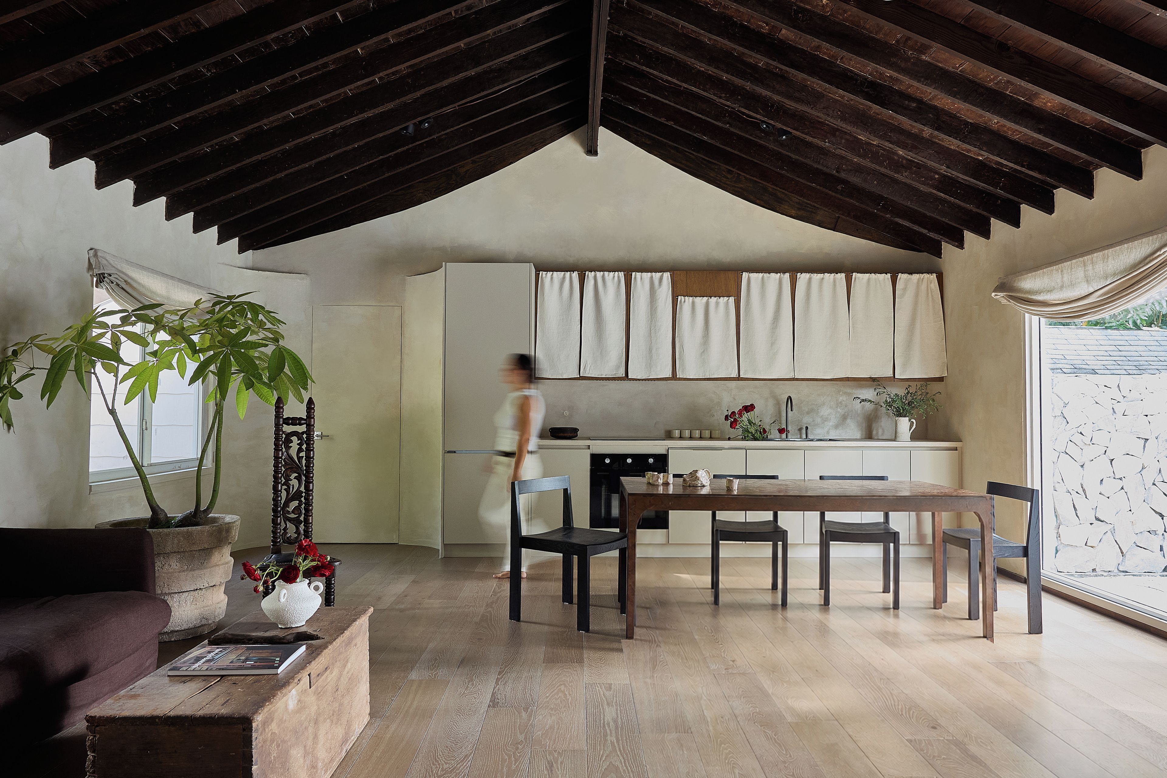 Una cocina moderna con techo de madera, zona de comedor con mesa y sillas, y una planta grande en maceta.