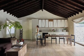 Una cocina moderna con techo de madera, zona de comedor con mesa y sillas, y una planta grande en maceta.