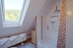 Une salle de bain avec un puits de lumière, une baignoire et une douche.