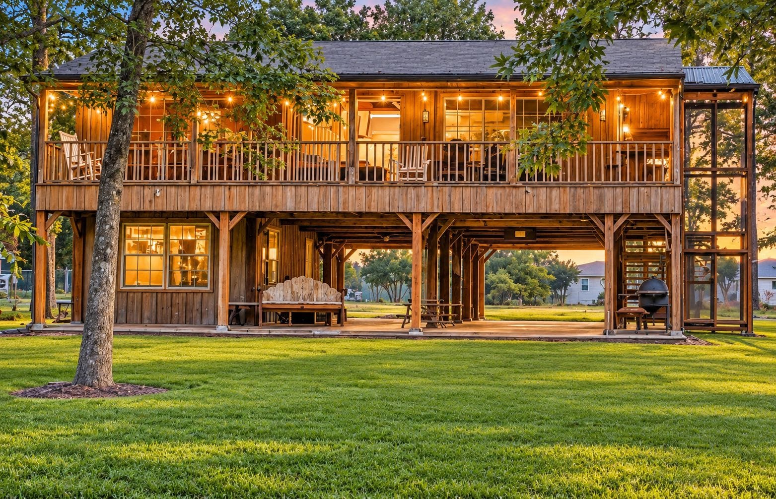 Une cabane en bois à deux étages, dotée d’un balcon, d’un espace extérieur aménagé pour s’asseoir et d’un coin barbecue.
