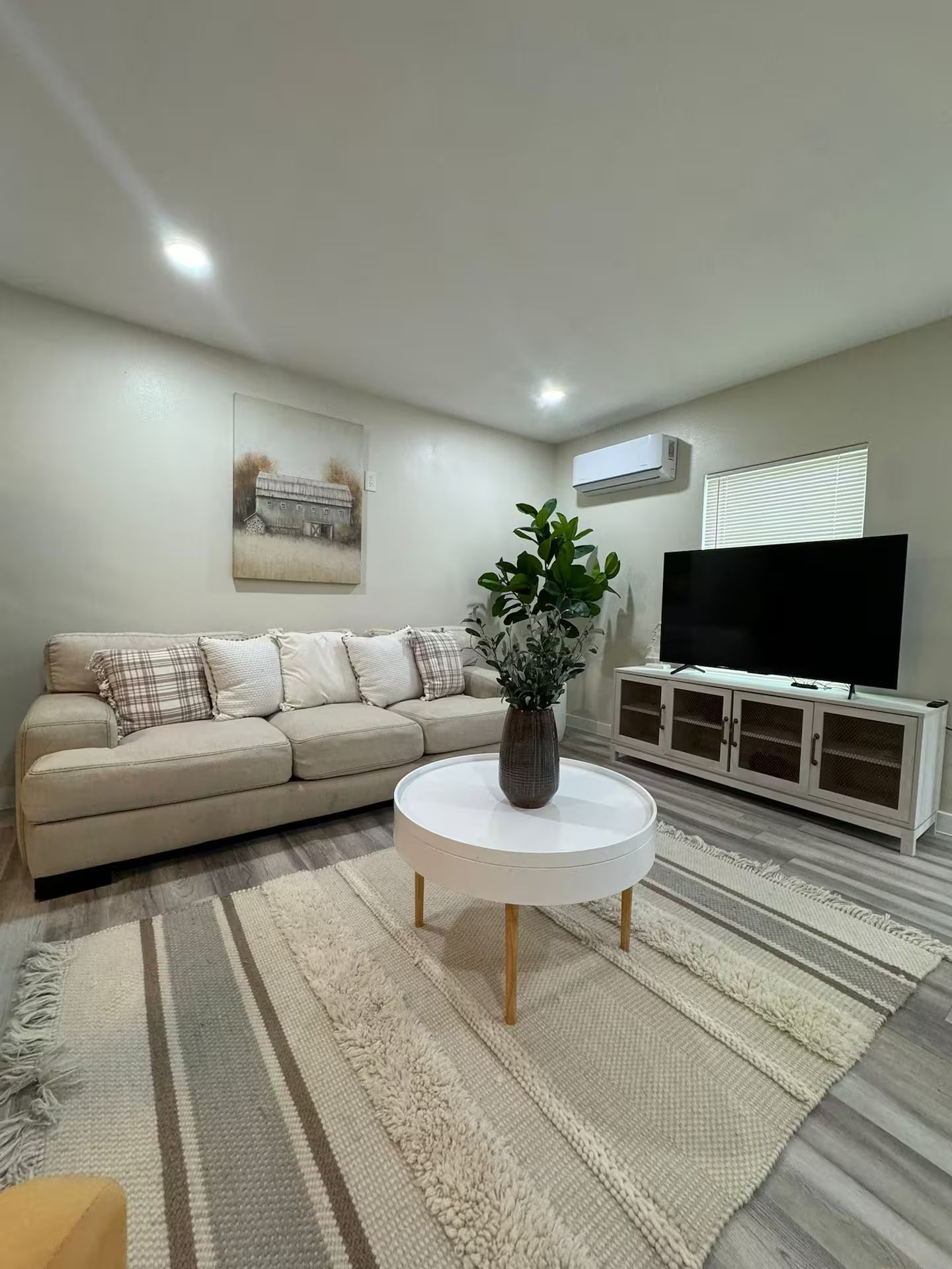 Un salon comprenant un canapé, une table basse ronde avec une plante, un téléviseur à écran plat et un meuble.