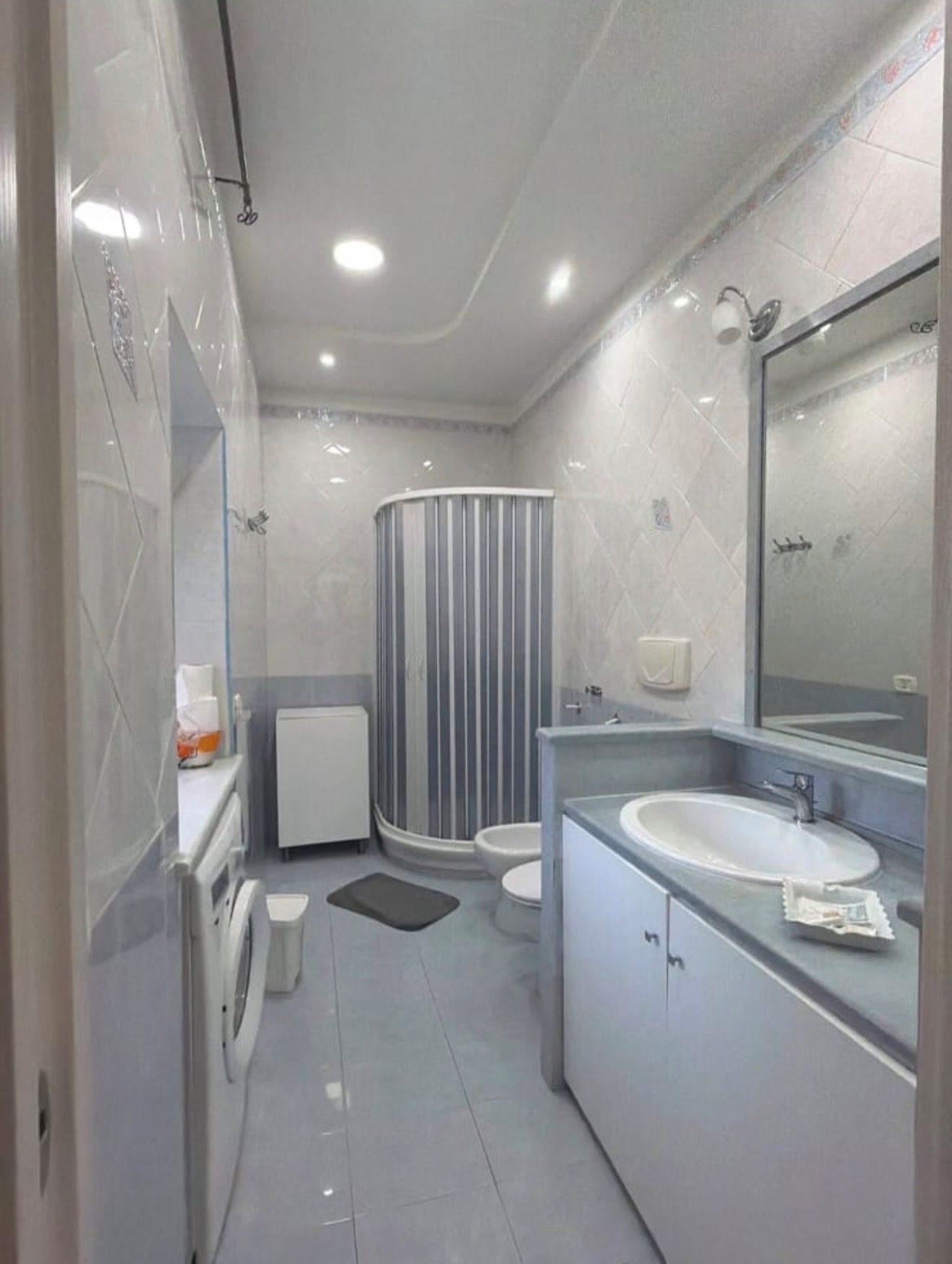A modern bathroom with a shower, toilet, and sink.