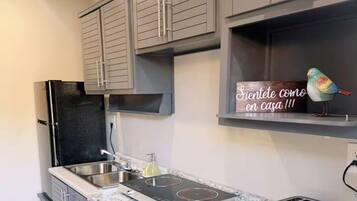 A kitchen with grey cabinets, a black refrigerator, a built-in stove, a sink, and a toaster.