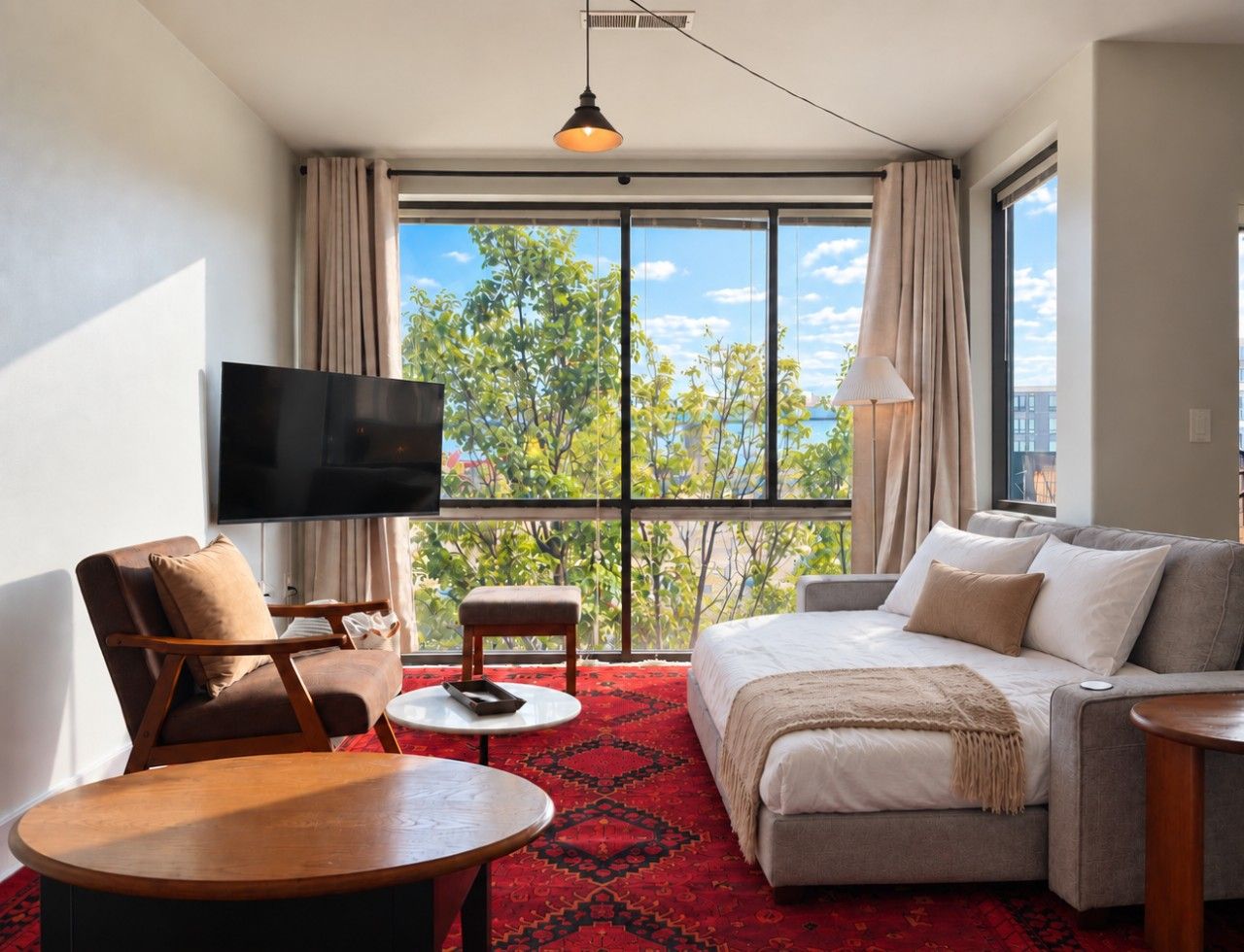 Une chambre d’hôtel moderne dotée d’une grande fenêtre, d’un téléviseur à écran plat, d’un canapé, d’un fauteuil, d’une petite table et d’un tapis rouge à motifs.