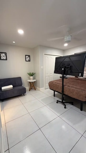 Una habitación con cama, sofá, una mesita con una planta y un proyector instalado en el techo.