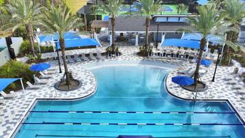 Una piscina con sillas de descanso y sombrillas, rodeada de palmeras.