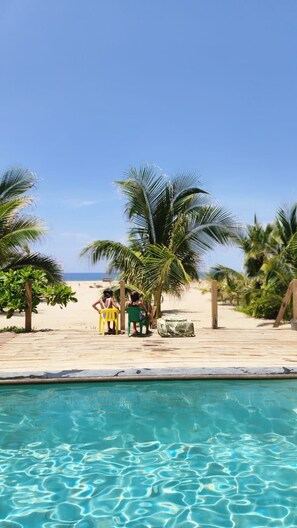 A poolside area with a clear blue sky, palm trees, and a wooden deck.