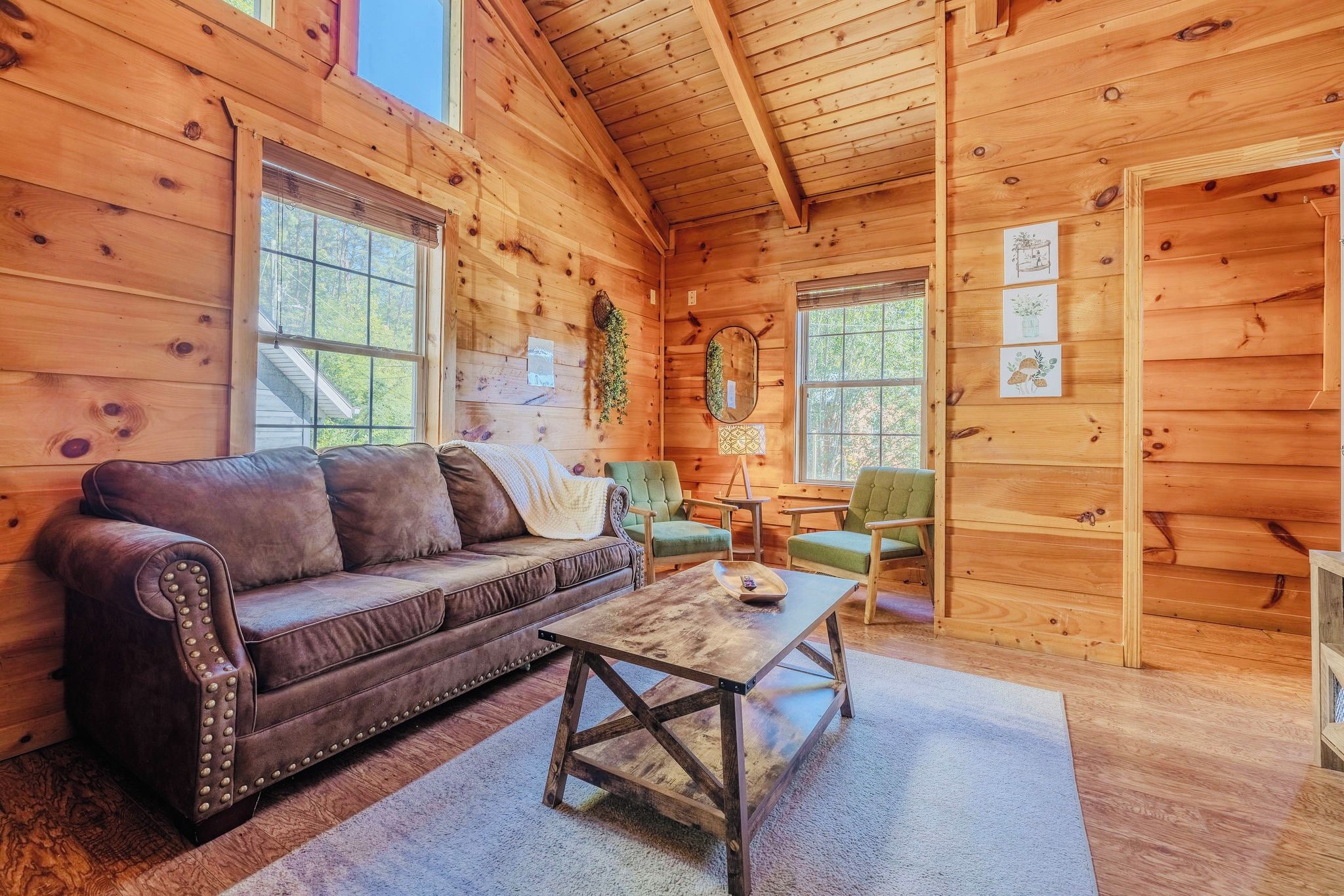 A cozy cabin interior with a leather sofa, a wooden coffee table, and a green armchair.