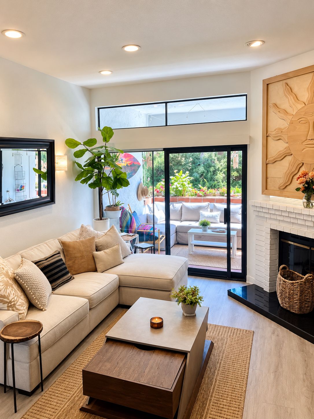 A modern living room with a sectional sofa, a coffee table, and a fireplace.