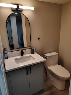 A bathroom with a white sink, a mirror, a toilet, and a light fixture above the mirror. - Cozy 3-bedroom House Rental in Calgary's Rosscarrock Area (Calgary)