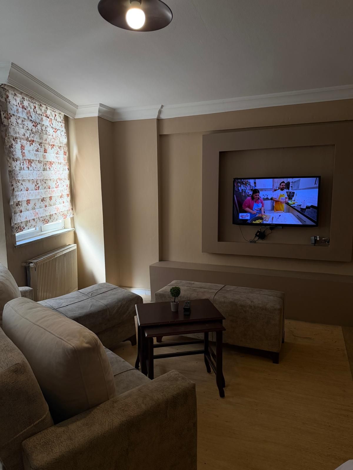 Una sala de estar con un televisor montado en la pared, una mesita con una planta y dos sofás.