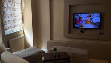 Una sala de estar con un televisor montado en la pared, una mesita con una planta y dos sofás.