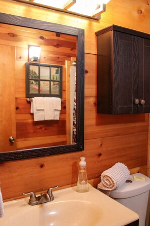 Ein Badezimmer mit Holzwänden, einem Waschbecken, einem Spiegel, einer Toilette und einem Schrank.