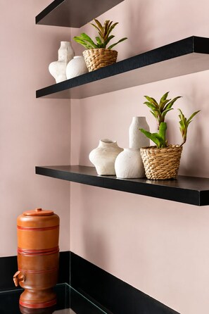 A modern interior with black shelves displaying decorative vases and potted plants. - apartamento em São Paulo (São Paulo)