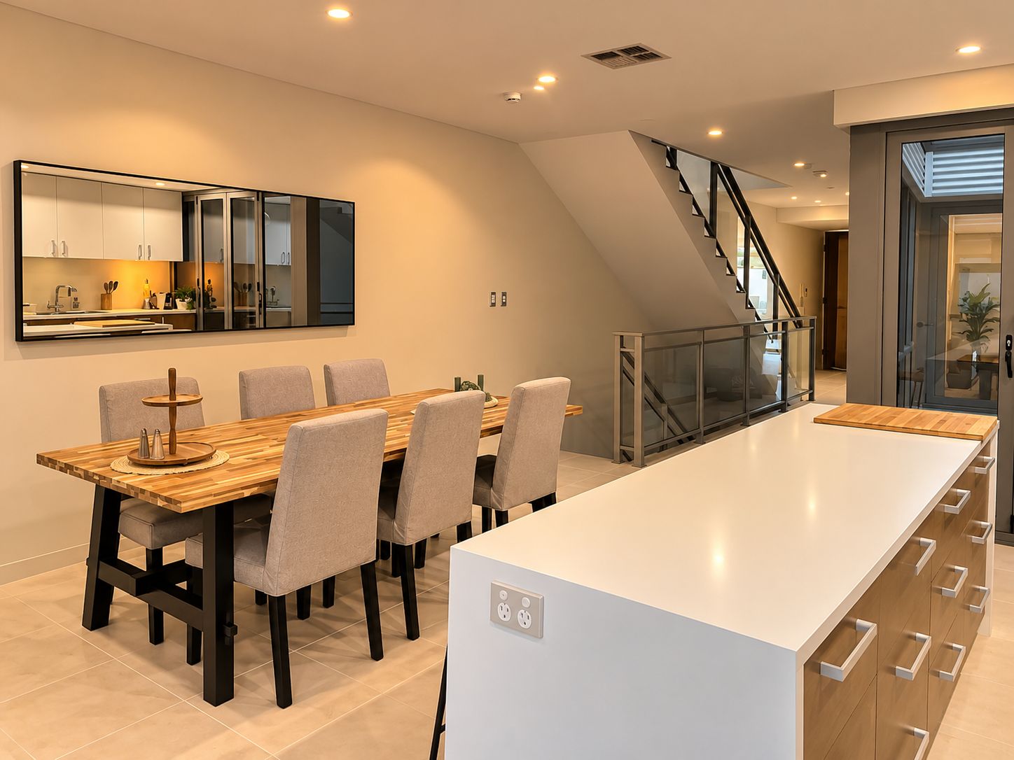 A modern kitchen with a dining area, featuring a wooden dining table, chairs, and a large island with a white countertop.