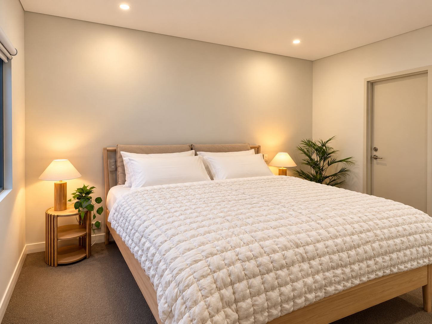 A neatly made bed with a white quilt, two bedside lamps, and a potted plant on a wooden nightstand.